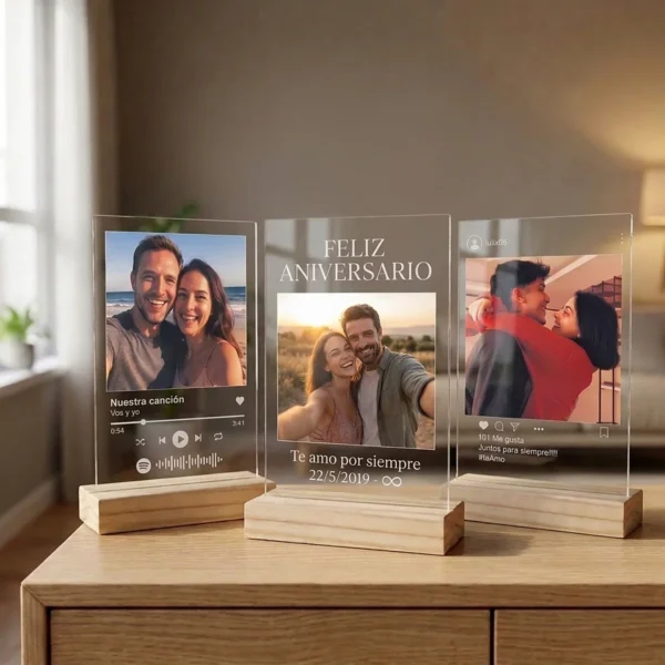 Retrato de acrílico personalizado: tres diseños Tres retratos de acrílico con foto sobre base de madera: diseño Spotify, Dedicatoria e Instagram